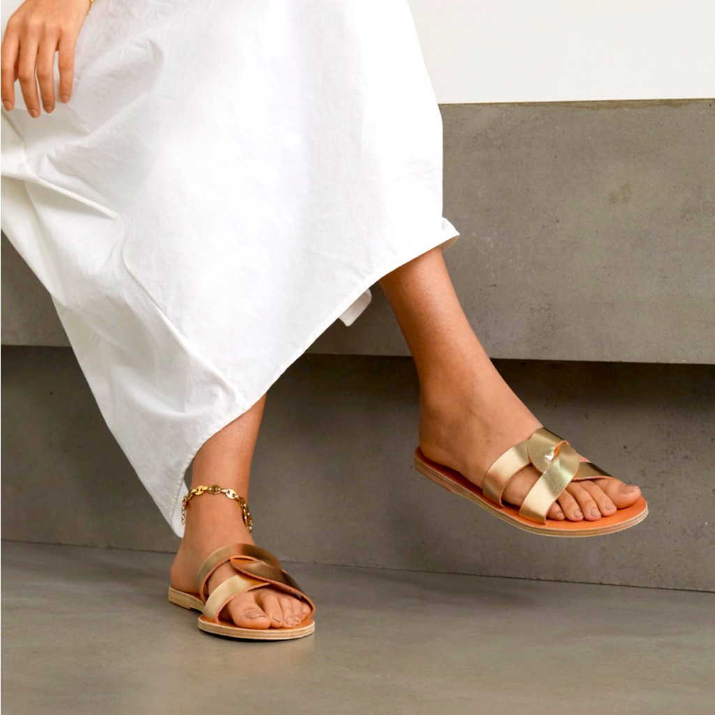 Ancient Greek Sandals *Desmos* Gold Leather Slides Sandals Size Eu 38 Us 8